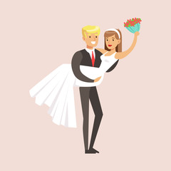 Newlyweds, Man Holding Woman And Bouquet At The Wedding Party Scene