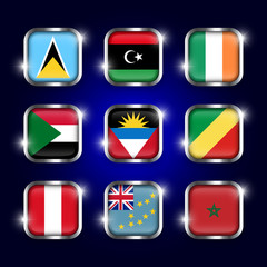 Set of world flags quadrangular glass buttons with steel border and twinkle ( Saint Lucia . Libya . ireland . Sudan . Antigua and Barbuda . Republic of the Congo . Peru . Tuvalu . Morocco )