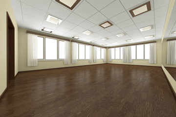 Empty training dance-hall with yellow walls and dark wooden floo
