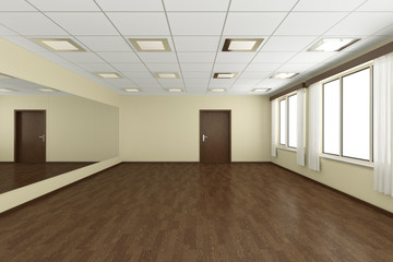 Empty training dance-hall with yellow walls and dark wooden floo