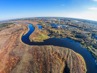 Aerial view of the factory, the river Mologa and settlement Maksatikha