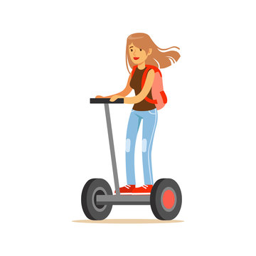 Student Girl With Backpack Riding Electric Self-Balancing Battery Powered Personal Electric Scooter Cartoon Character
