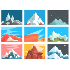 Mountain Peaks And Summits Landscape Vector Illustration Set With Mountains Of Different Geographic Zones.