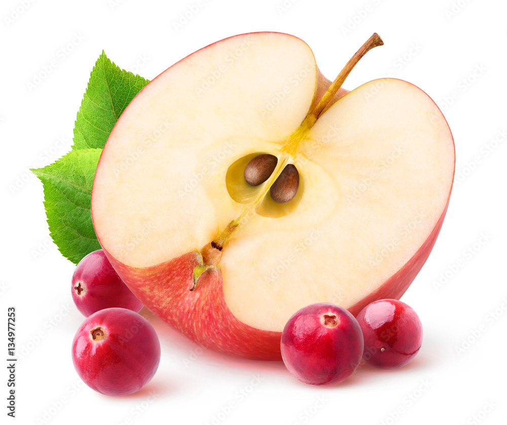 Aufkleber Isolated apple and cranberries. Half of red apple fruit and fresh cranberries isolated on white background with clipping path