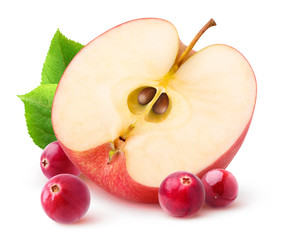 Isolated apple and cranberries. Half of red apple fruit and fresh cranberries isolated on white...