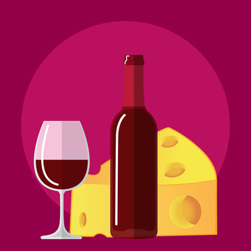 flat icon bottle of wine, glass of wine cheese