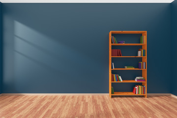 Minimalist interior of empty blue room with bookcase