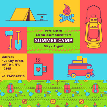 Tourist firm promotional poster. Summer camp. Camping colored background