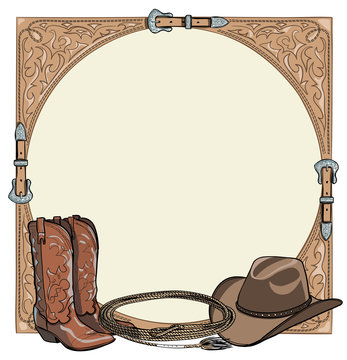 Cowboy horse equine riding tack tool in the western leather belt frame. Western boot, hat, lasso rope. Hand drawing cartoon vector background