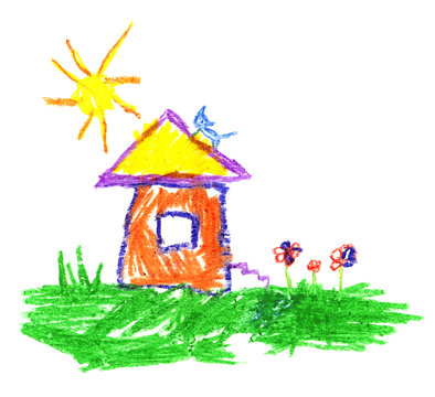Wax crayon like child`s hand drawing house, cat, sun and grass. Pastel chalk like kid`s hand painting cute illustration on white