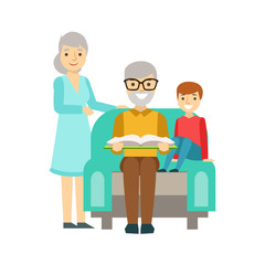 Grandparents And Boy Reading A Book, Happy Family Having Good Time Together Illustration