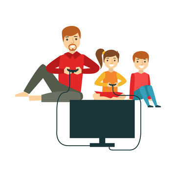 Father Playing Video Games With Kids, Happy Family Having Good Time Together Illustration