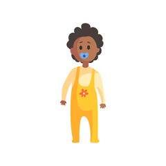 Toddler In Yellow Clothing With Dummy In Mouth Standing,Part Of Family Members Series Of Cartoon Characters