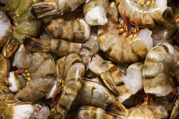 Fresh and wet raw tiger shrimps (tiger prawns) without heads and deveined ready for cooking