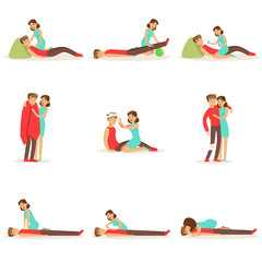 Woman Following Firs Aid Primary And Secondary Emergency Treatment Procedures Series Of Infographic Illustrations