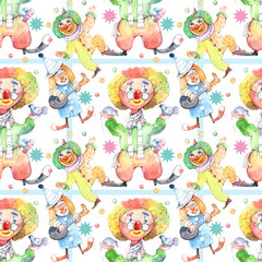 Seamless pattern. Funny clown, watercolor, 