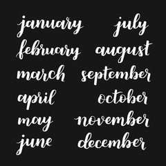 Calligraphic set of quote Hello months of the year. Brush handwritten Hand lettering names of months. Calligraphic isolated set in white ink on black background. Vector illustration