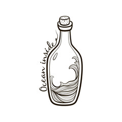 Old fashioned  vintage bottle with ocean inside on white background