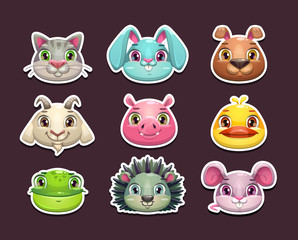 Cute cartoon animal face icons set.
