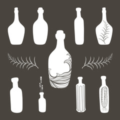 Old fashioned  vintage bottles icon  set. Silhouette  illustration on dark background
