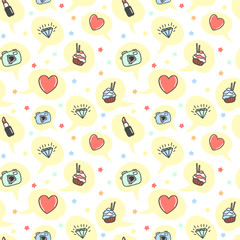 Cartoon style seamless pattern. Hand drawn icons repeating without seams. Camera, lipstick, cake, heart, love, diamond in speech bubble. Girl dreams vector illustration