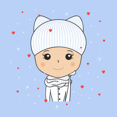 Beautiful woman in cozy winter hat with kitty ears, scarf, mittens. Saint Valentine day. Hearts and snowflakes. Young girl portrait. Cartoon character smiling. Vector illustration. Fashion beauty