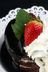 Chocolate yule log christmas cake. Valentine day cake with straw