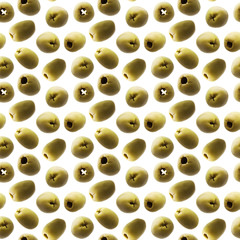 Green olives seamless photographic pattern. Isolated on white background without shadow. Ripe olives wallpaper. Green olive with hole, without pit. Olives background texture