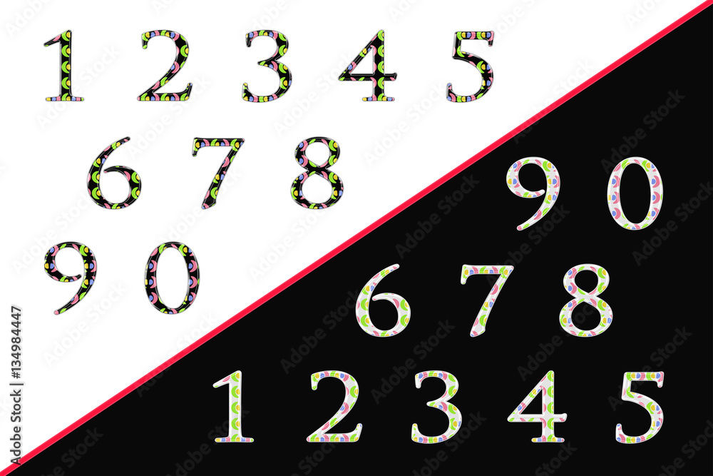 Poster two colorful sets numbers isolated on white and black backgrounds. numbers with patterns of pink, gr