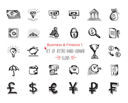 Hand-drawn sketch finance web icon set - economy, money, , payments