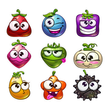 Funny Cartoon Fruit And Berry Characters Set.