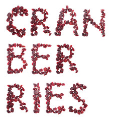 Cranberries caps writing with dried cranberry berries. Isolated on white background. Letters created with cranberry berries.