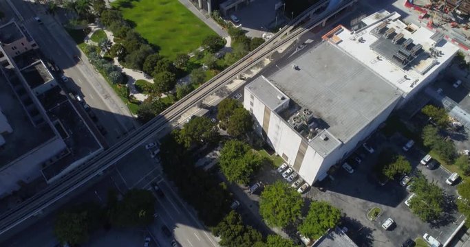 Aerial drone video footage of the brightline train station downtown miami