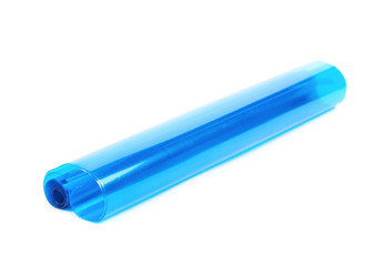 Roll tube of transparent blue plastic