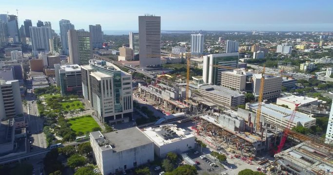 Aerial drone video footage of the brightline train station downtown miami