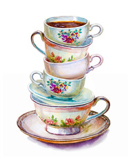 Party colorful tea cups and saucers closeup. Sketch handmade. Postcard for Valentine's Day. Watercolor illustration. - 134986014