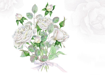 Watercolor floral bouquet with white roses 