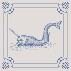 Mythological vintage sea monster on the Blue Dutch tile. Imitation. Glazed porcelain ceramic. © Shalyapina
