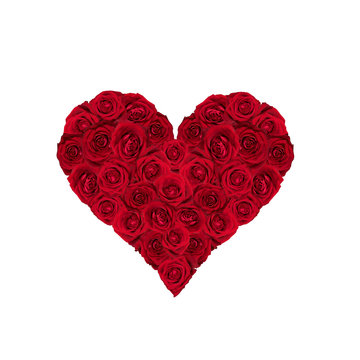 Heart filled with red roses isolated on white.