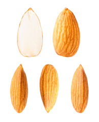 Almonds nuts isolated on a white background with clipping path. Macro. Close up.