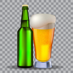 Glass and a green bottle of beer isolated on transparency grid, for design and branding. Stock vector illustration.