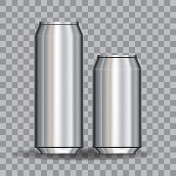 Aluminum Cans Empty 500 and 330 ml. on transparency gridfor design and branding. Stock vector illustration.