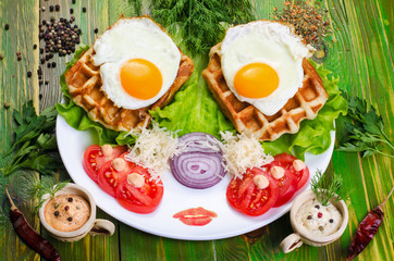 Fried eggs and tomatoes on a white plate.