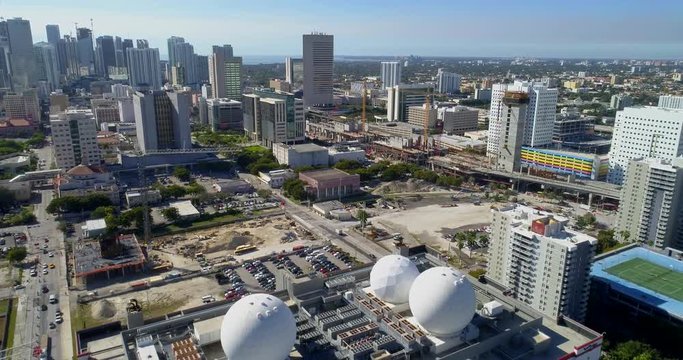 Aerial drone video footage of the brightline train station downtown miami