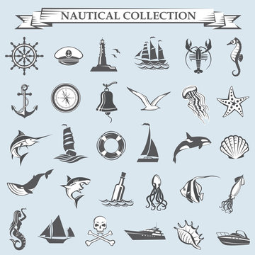 nautical collection of design elements with ships, lighthouse, anchor, helm, lifebuoy, compass and sea life