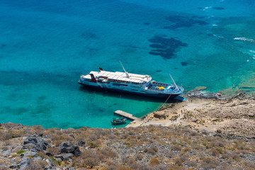 Fototapeta premium View on the bay of island Imeri Gramvousa and Mediterranean Sea from the Venetian fortress with the top of the plateau. Crete. Greece.
