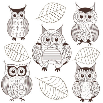 set of isolated monochrome owls - vector illustration, eps



