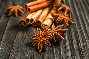 Spices and herbs. Food and cuisine ingredients. Cinnamon sticks,