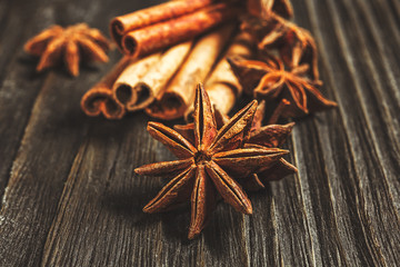 Spices and herbs. Food and cuisine ingredients. Cinnamon sticks,