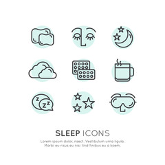 Isolated Vector Style Illustration Logo Set Badge with Sleep problems and insomnia icons, treatment and pills, sleeping person with mask, hot drink, sllepy face